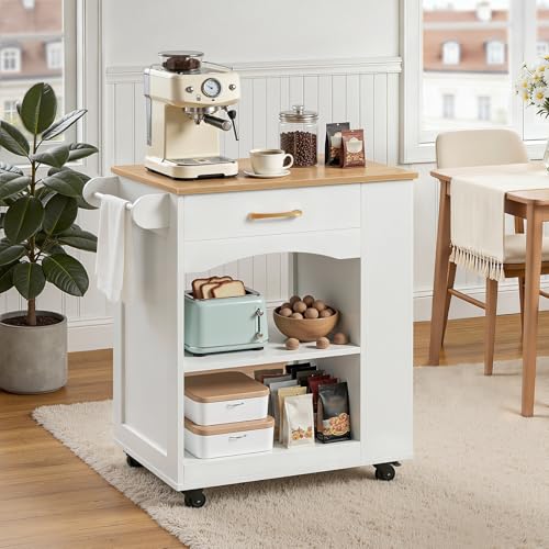 Mobile Kitchen Island Cart with Drawer and Shelves - White & Natural Finish