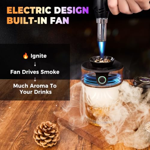 Black Electric Whiskey Smoker Kit with Torch - Infuse Rich Flavors, 6 Wood Chips, Gift for Whiskey Lovers