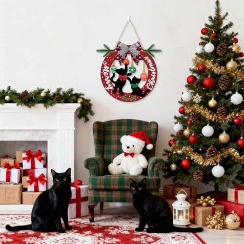 3D Black Cat Merry Christmas Door Sign Wreath Decor 12x12 inch (Variation: Black Cat Merry Christimas)