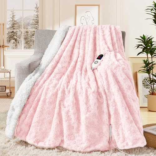 MAXEVE Heated Blanket Electric Throw 50"x60" Pink Faux Rabbit Fur