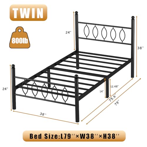 Twin Metal Platform Bed Frame with Headboard - 14 Inch Under Bed Storage - Easy Assembly, No Box Spring Needed - Black - Variation: Twin