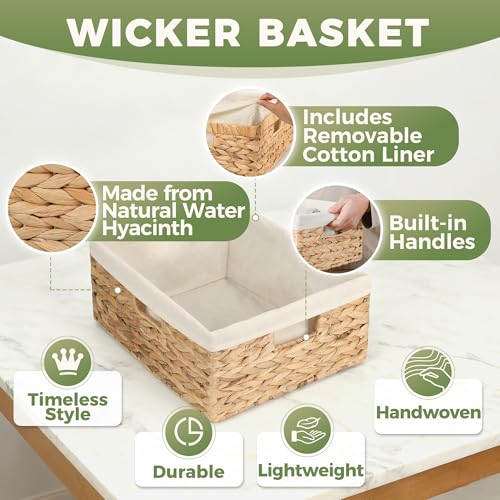 Natural Water Hyacinth Wicker Storage Baskets with Handles & Cotton Liner - Large 15x12x6 Inches