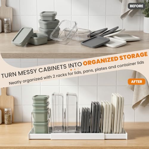 White Expandable Pot Lid Organizer with 10 Adjustable Stainless Steel Dividers - 2 Pack