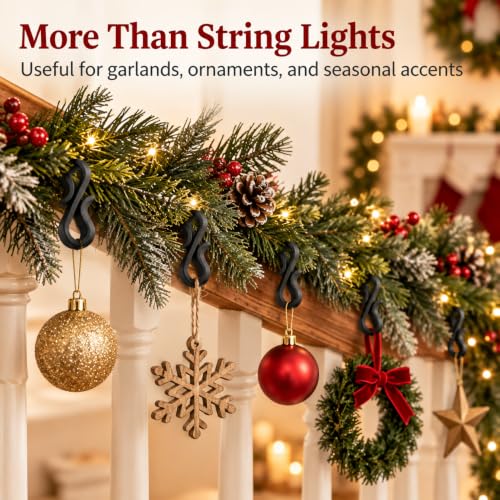 50-Pack Black S Hooks for Outdoor Christmas Lights - Lightweight Plastic