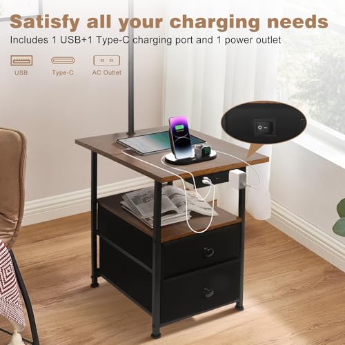 PESRAE Rustic Brown Floor Lamp with Table & 2 Drawers, USB Charging Station