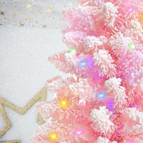Pink Artificial Christmas Tree with Lights - 2ft Snow Flocked Mini Tree for Indoor & Outdoor Holiday Decor - Battery Operated, Wooden Stand, LED String Included