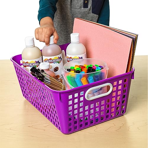 Rainbow Plastic Storage Baskets with Handles - Large Classroom Organizer Set - 6 Pack