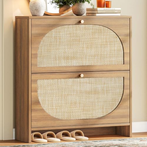 Nicetree Caramel Walnut Rattan Shoe Cabinet with 2 Flip Drawers, Slim Entryway Organizer