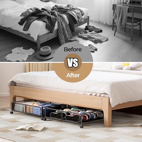 Under Bed Storage with Wheels - 2 Pack Black Shoe & Clothes Organizers