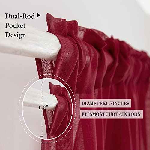 MIULEE Solid Burgundy Kitchen Sheer Valance for Christmas Linen Look Window Curtain, Living Room Windows Voile Valance Rod Pocket 1 Panels (60" W x 18" L), Burgundy Red
