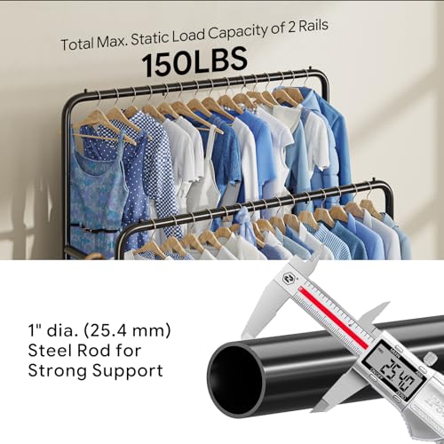 Clothing Rack Double Rod Garment Rack with Wheels - Black, Simple Trending