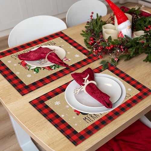 Christmas Truck Placemats Set of 6, Holiday Linen Table Mats for Dining, 12x18 inch