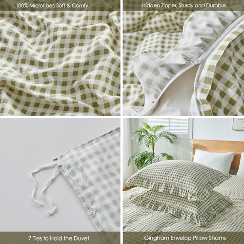 Kisswish Sage Green Queen Gingham Duvet Cover Set with Pillow Shams, Vintage Farmhouse Style