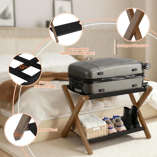 Heybly Walnut Folding Luggage Rack with Storage Shelf - Hotel Style Suitcase Stand