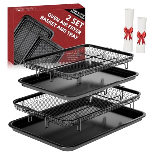 THORSES 2-Piece Oven Air Fryer Basket and Tray Set - Large M & Small L, Black