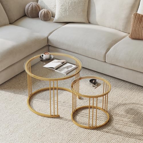 Garden 4 You Gold Glass Nesting Coffee Tables Set of 2 - Space-Saving Round Side Tables for Living Room & Bedroom
