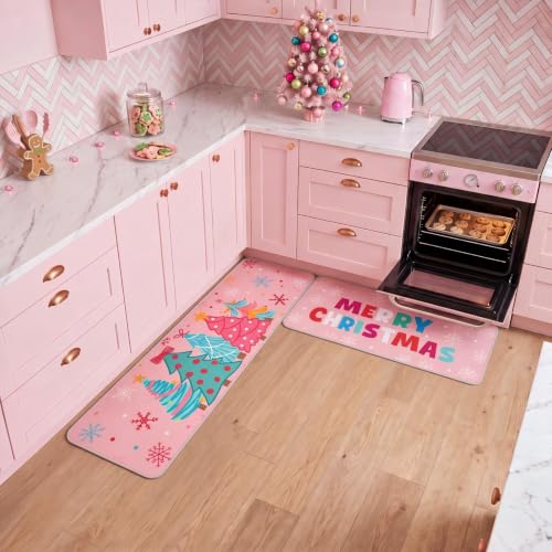 Pink Christmas Kitchen Rugs Set with Xmas Tree & Snowflake Decorations - Non Slip, 2 Pack, Christmas Tree Variation