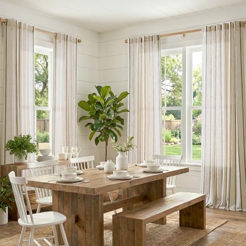 Blue Linen Blend Light Filtering Striped Curtains 96 Inches Long - Pack of 2