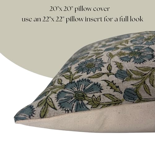 Spring Blue and Green Linen Throw Pillow Cover 20x20 Inch - Set of 1