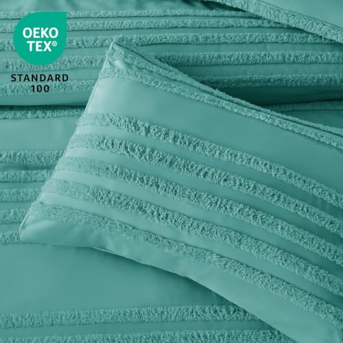 Queen Boho Comforter Set - Aqua Tufted Bedding with Pillowcases
