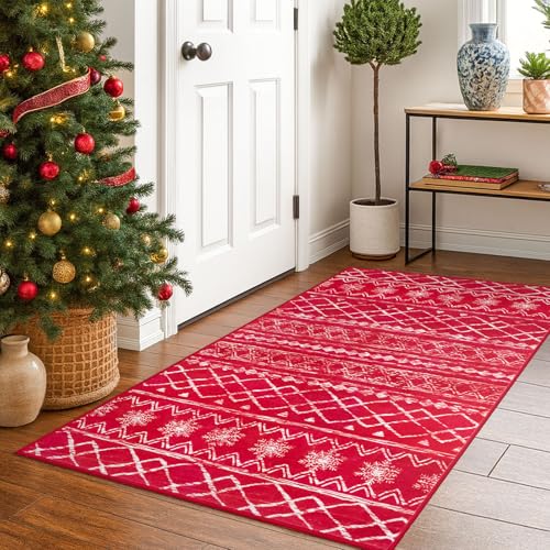 KUTA 3' x 5' Red/White Christmas Enreyway Rug | Non-Slip, Machine Washable, Low-Pile Moroccan Boho