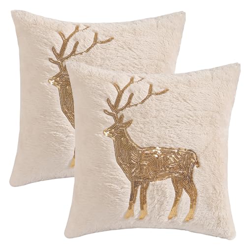 LUOYEHK 18x18 Faux Fur Christmas Pillow Covers Set of 2 Beige Deer
