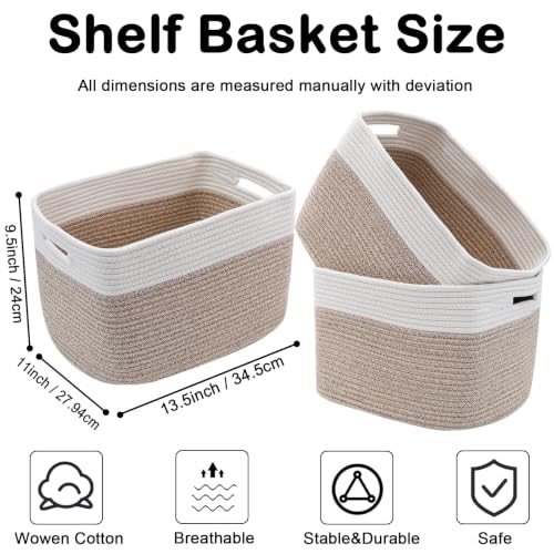 3 Pack White and Brown Woven Storage Baskets with Handles - Home Organization