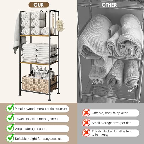 Brown 3-Tier Freestanding Metal Towel Rack Cabinet with Hooks and Detachable Dividers