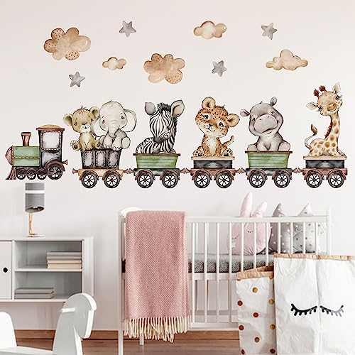 Yovkky Baby Safari Animals Train Wall Decals Stickers, African Jungle Elephant Zebra Giraffe Hippo Lion Leopard Cheetah Neutral Nursery Toddler Decor, Kids Room Home Decorations Bedroom Playroom Art