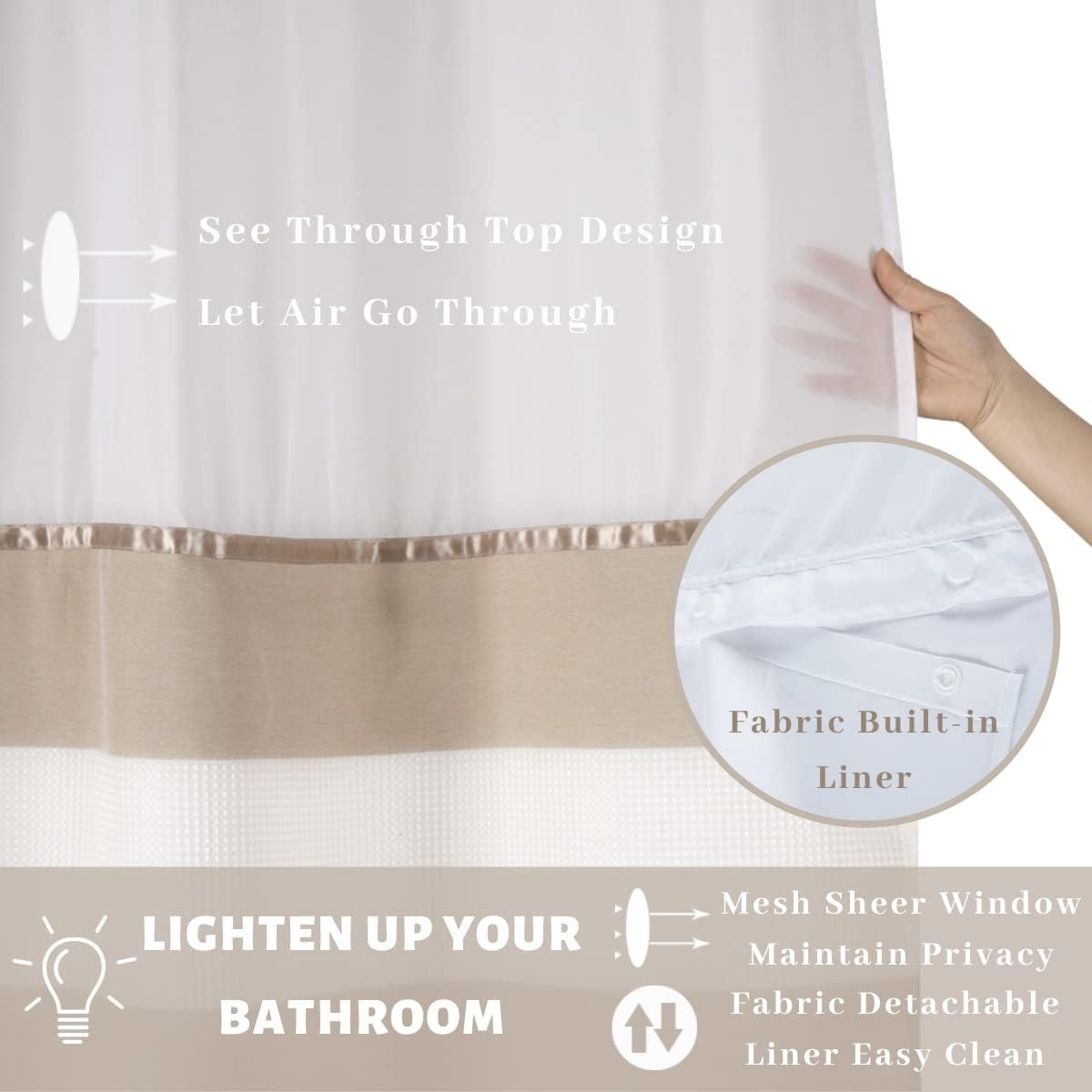 Skiennix Hook-Free Shower Curtain - 71"W x 74"H Light Beige & White Stripe with Mesh Window