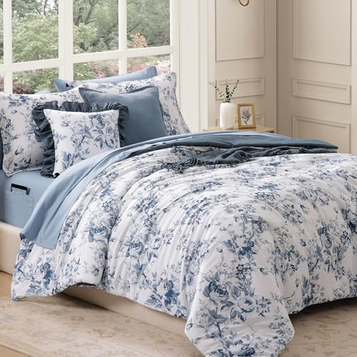 Rain Washed Oversized Queen Comforter Set 7 Pieces Blue Floral Bed in a Bag