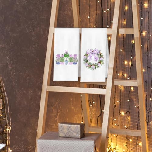 Purple Chinoiserie Christmas Kitchen Towels Set of 4 (16x24) – Grandmillennial Blue White Xmas Tree Wreath Nutcracker Bell, Variation: Purple Chinoiserie / Casual