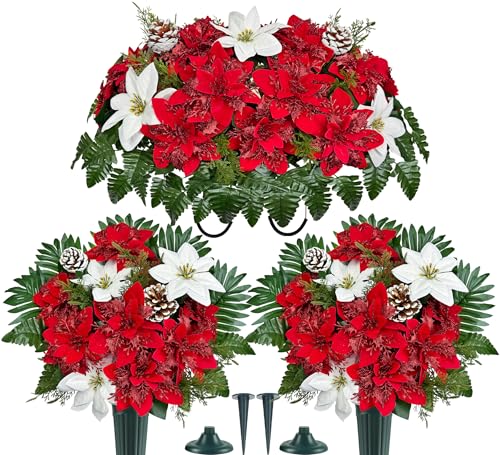MUVIC 3-Piece Artificial Grave Flowers for Cemetery Christmas Set with Ground Spikes