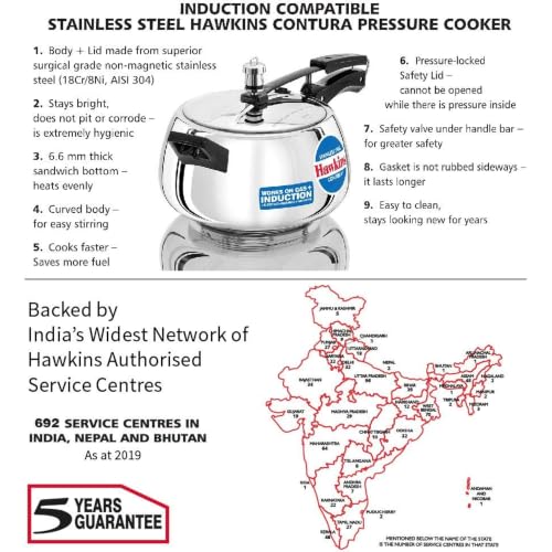 Hawkins 5 Litre Contura Pressure Cooker, Stainless Steel Inner Lid