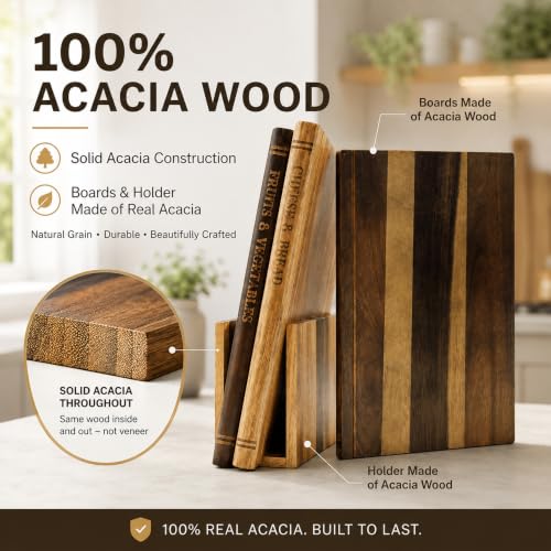 Book Cutting Board Set with Stand - Brown & Tan Kitchen Chopping Boards