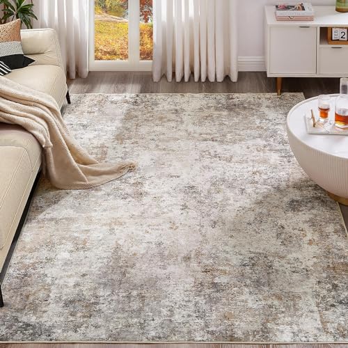 6x9 Brown Grey Washable Abstract Area Rug - Soft Non-Slip Indoor Floor Carpet for Living Room & Bedroom