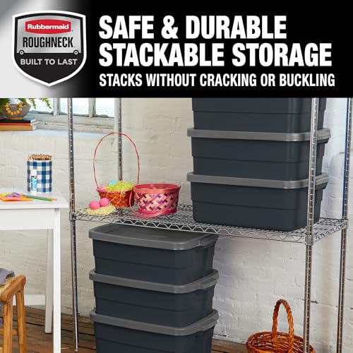 Heavy Duty Plastic Storage Totes 10 Gal 6 Pack with Lids - Stackable Garage & Attic Bins - Black & Gray