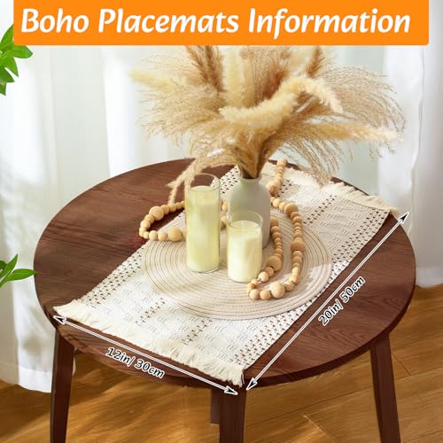 Gandeer 4 Sets Boho Table Runner & Placemats Set, White 12x72" - 4 Rectangular & 4 Round Placemats