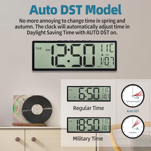 Henescribe 15-Inch Black Digital Wall Clock with Large Display, Calendar & Auto DST
