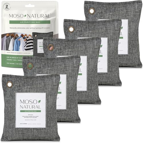 Moso Natural Activated Charcoal Air Purifying Bags 200g Pack of 5 - Odor Eliminator & Moisture Absorber for Home & Car, Unscented