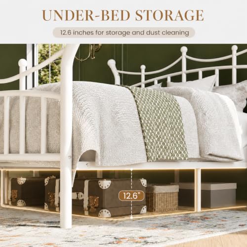 SHA CERLIN Full Size Metal Bed Frame White Victorian Crown Style No Box Spring