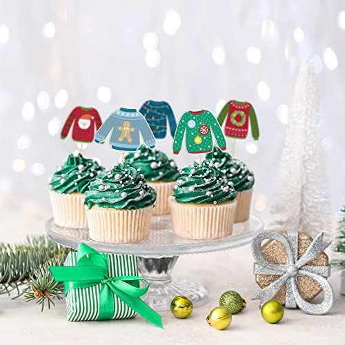Gyufise 36Pcs Ugly Sweater Cupcake Toppers Christmas Decorations Xmas Party Supplies