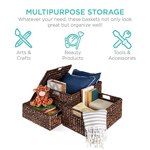 Set of 3 Large Hyacinth Storage Baskets Brown - Multi-Purpose Organizer Totes with Handles & Removable Lid