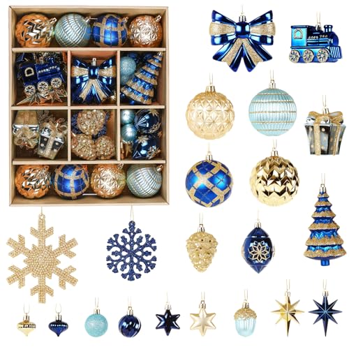 82pc Shatterproof Christmas Ball Ornaments Set in Blue & Gold with Hanging Strings