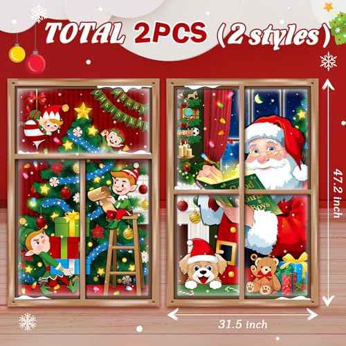 Preboun 2 Pcs Christmas Curtain Window Decoration Xmas Window Silhouette Snowflake Cover Christmas Poster for Indoor Outdoor Holiday Party Wall Garage Door Decor(Santa Claus and Elf Tree)