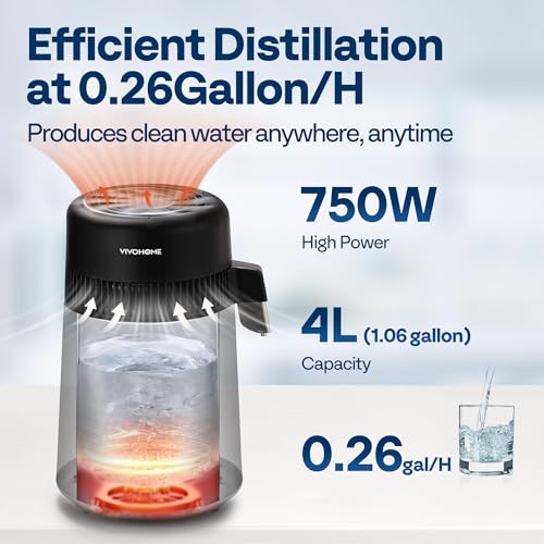Water Distiller 4L Capacity - Countertop Water Purification Machine - Black 1.1 Gallon