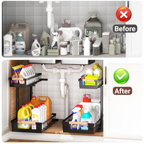 Under Sink Organizer 2 Pack Black - L-Shaped Pull Out Cabinets, Adjustable Metal Storage Rack