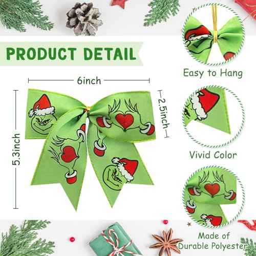 Christmas Bows 16 Pcs Red Green Christmas Bows for Tree Gift Wreaths Wrapping Garland, 6 Inch Christmass Decorations Ribbon Xmas Tree Ornaments