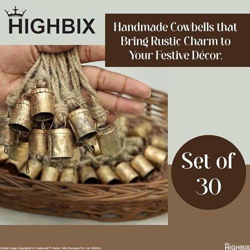 HIGHBIX 4cm Small Vintage Rustic Lucky Cow Bells on Jute Rope - 30 Cylinder