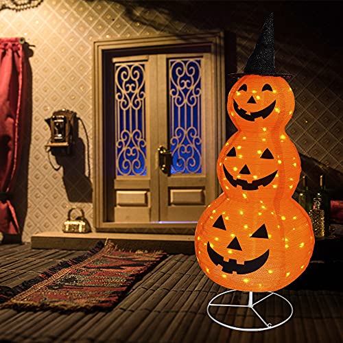 5FT Collapsible Light-Up Pumpkin Decoration with Hat - Indoor Outdoor Halloween Decor